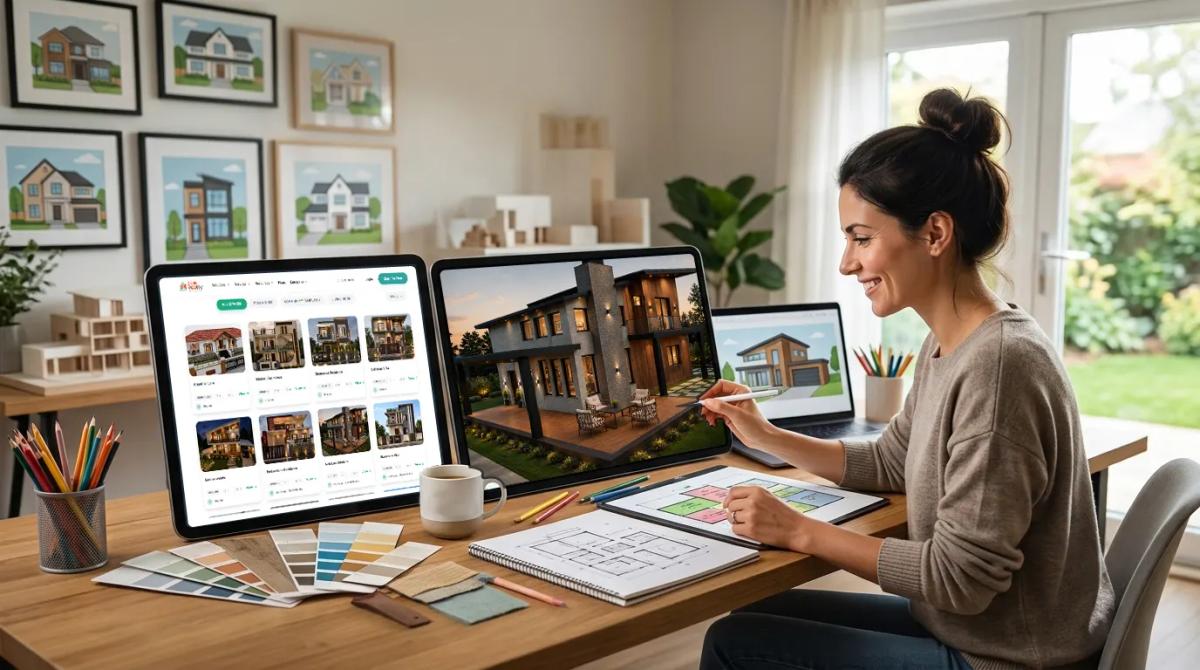 Person working at a desk with multiple monitors displaying home design template thumbnails and interior layout previews.