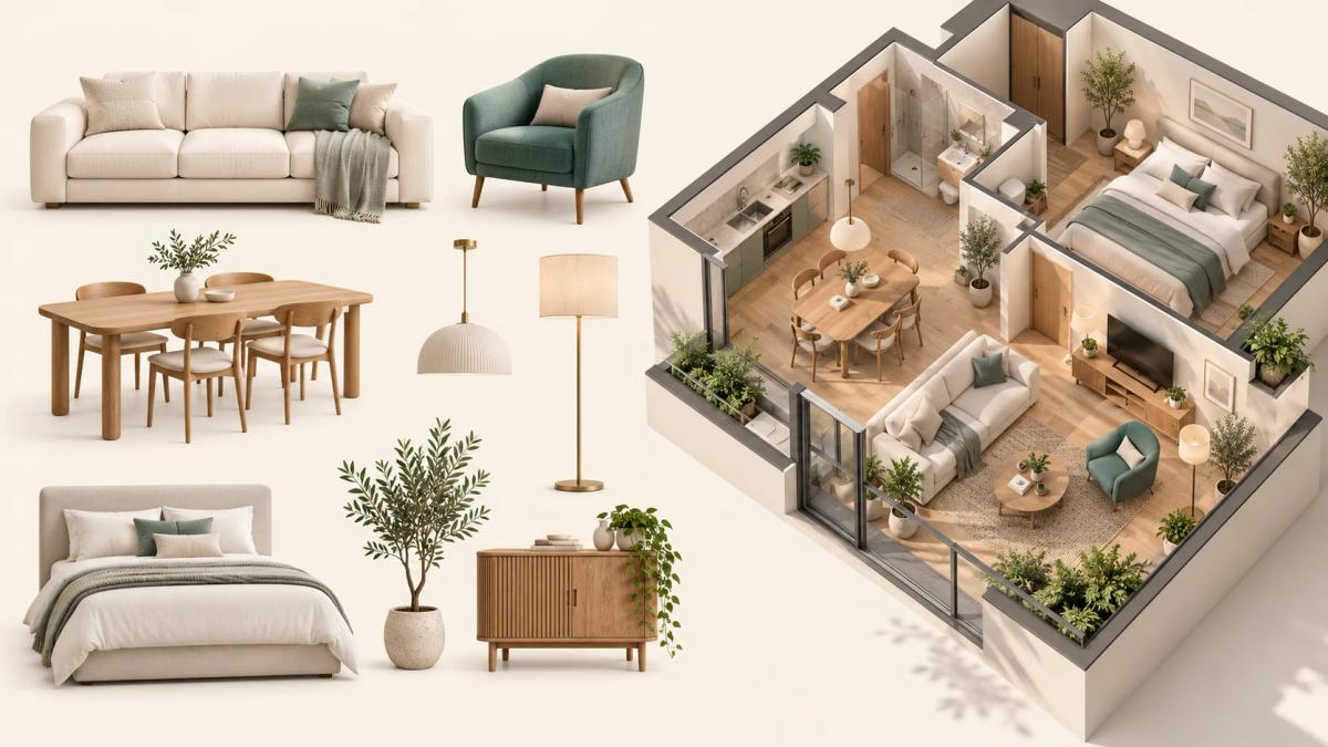 Conceptual furniture and décor assets beside a furnished 3D home