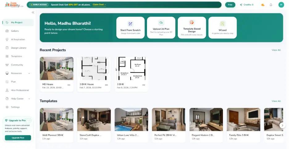 Zlendo Realty AI home design dashboard with project management, floor plan templates, AI design library, and home design workspace.