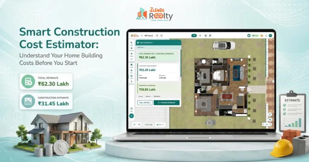 Smart Construction Cost Estimator by Zlendo Realty helping homeowners understand home building costs with a total estimate of ₹62.30 Lakh before starting construction