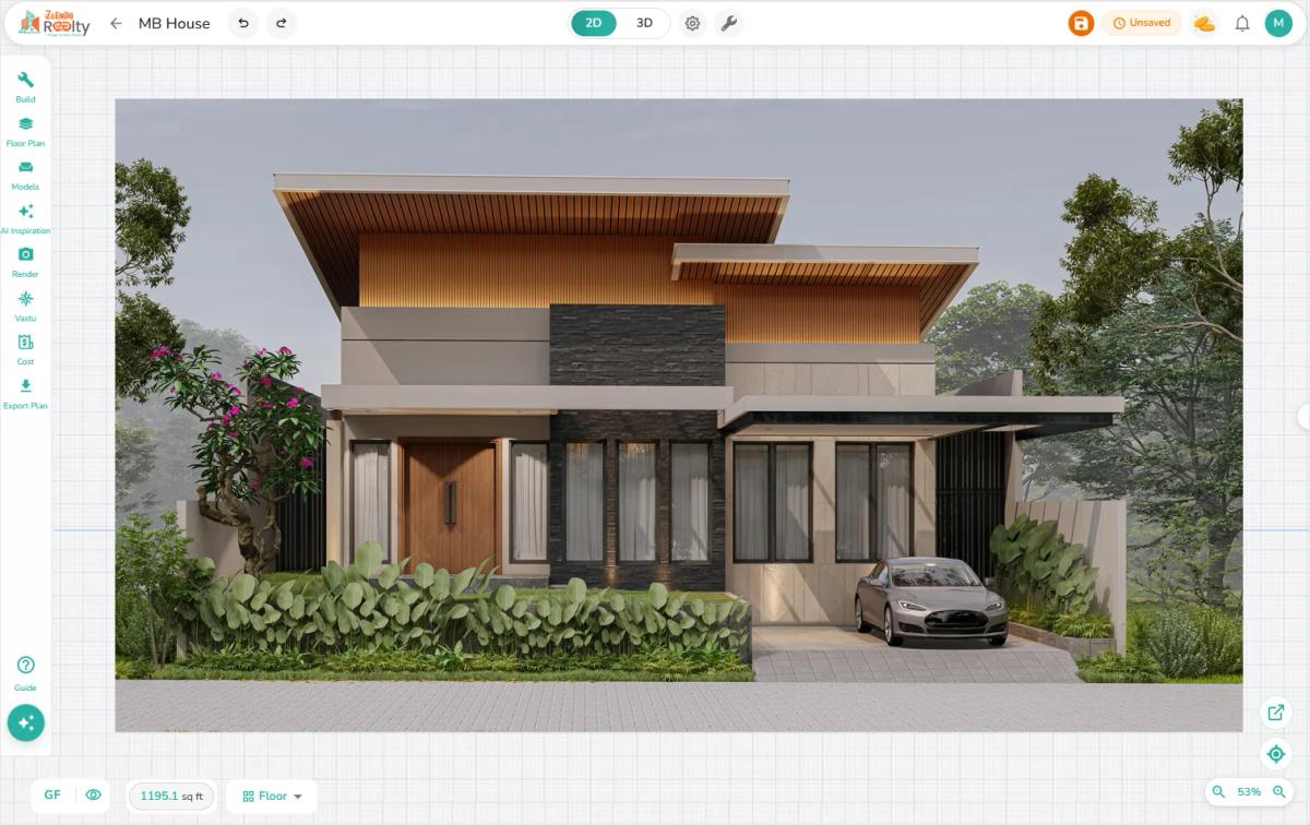Modern house exterior 3D elevation design created using Zlendo Realty's AI home design software.