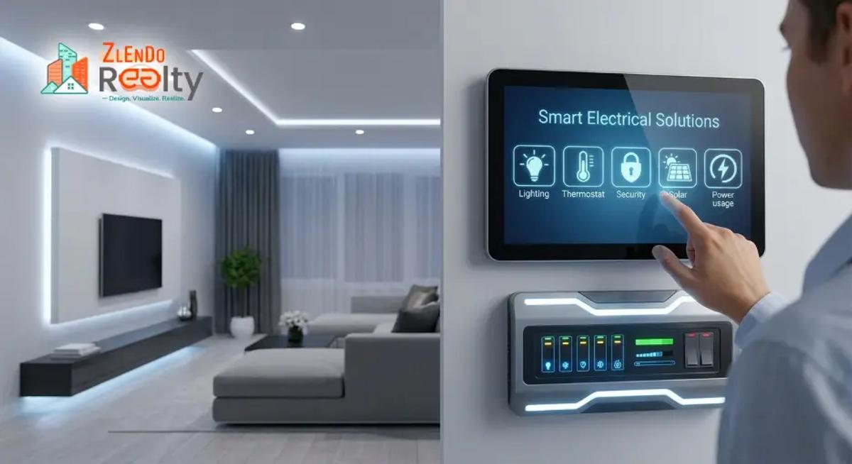 Smart electrical solutions control panel displaying lighting, thermostat, security and power usage options in a modern living room – Zlendo Realty