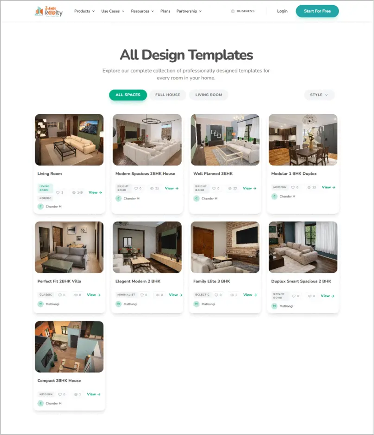 All pre-built home design templates gallery including 2BHK, 3BHK, and duplex layouts on Zlendo Realty