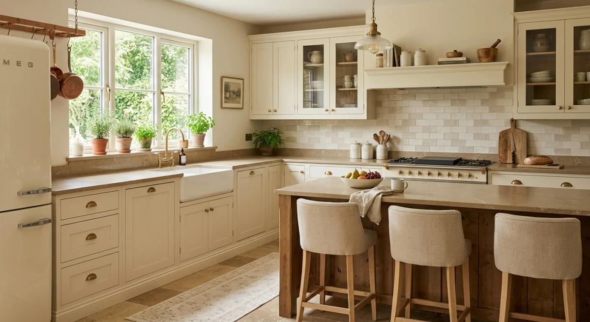 Warm beige and cream kitchen with wooden bar stools and an island