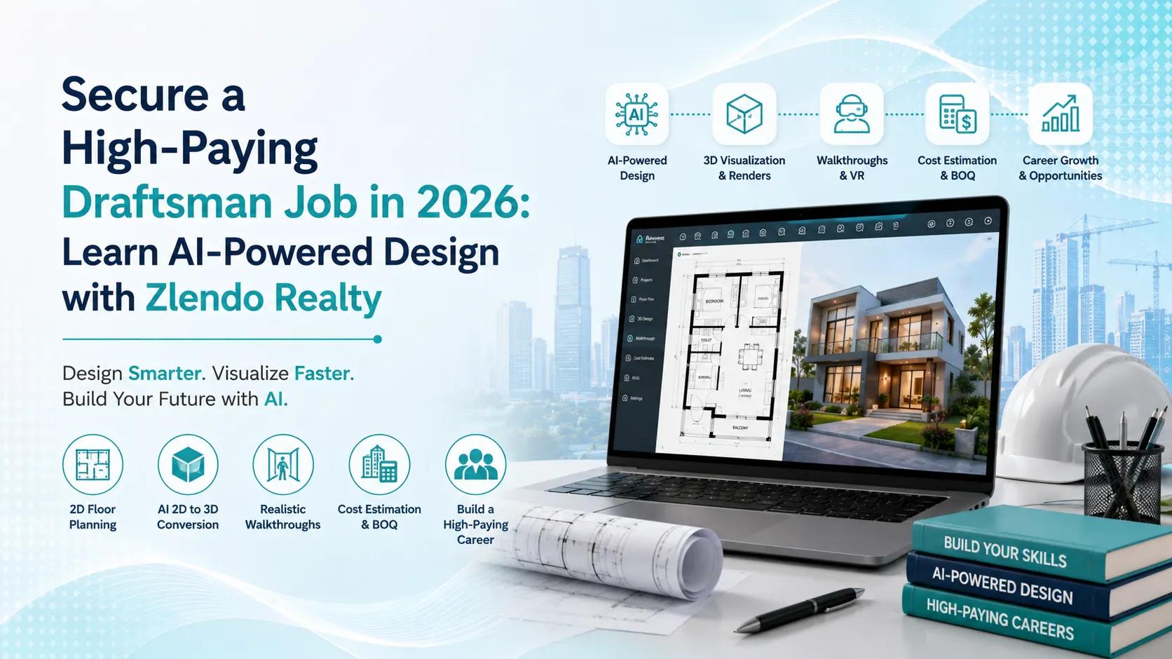 Secure a high-paying draftsman job in 2026 with AI-powered design software for floor planning, 2D-to-3D conversion, 3D visualization, walkthroughs, and BOQ estimation using Zlendo Realty
