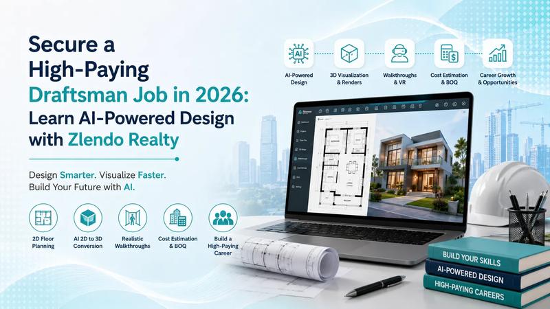 Secure a high-paying draftsman job in 2026 with AI-powered design software for floor planning, 2D-to-3D conversion, 3D visualization, walkthroughs, and BOQ estimation using Zlendo Realty