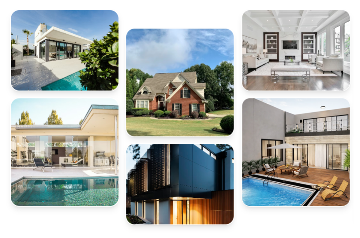 Collage of a person using a tablet for interior design, a laptop displaying floor plans, and a modern building exterior with glass facade.