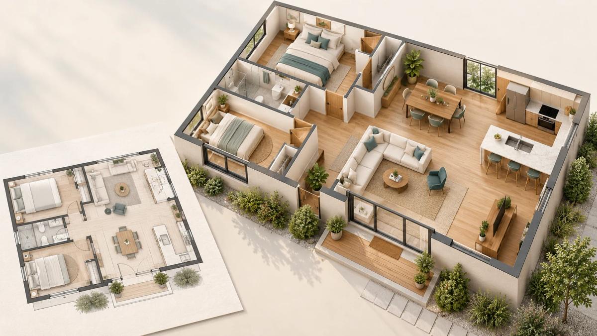 Architectural floor plan beside a furnished 3D home cutaway