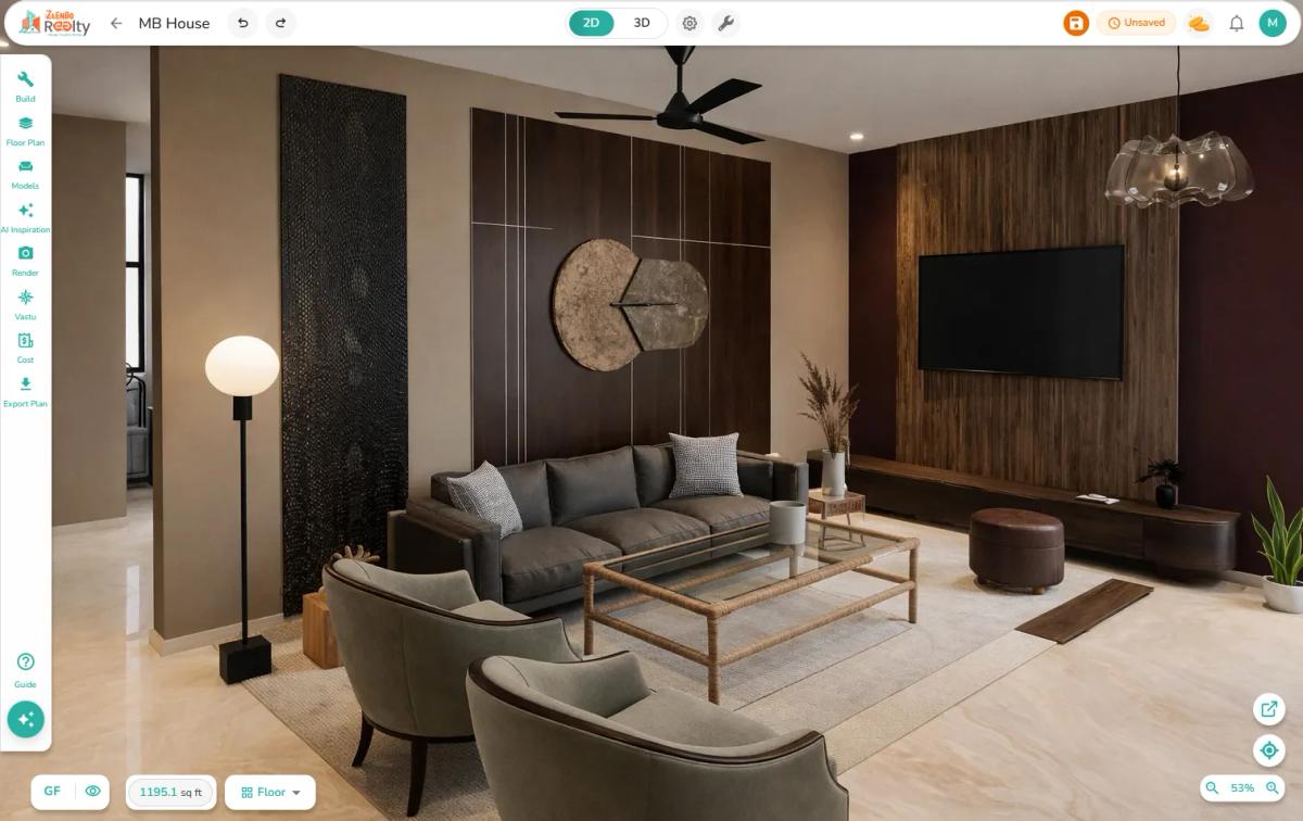 Virtual walkthrough of a modern living room created with Zlendo Realty AI home design software featuring realistic interior rendering, furniture layout, lighting, and decor visualization.