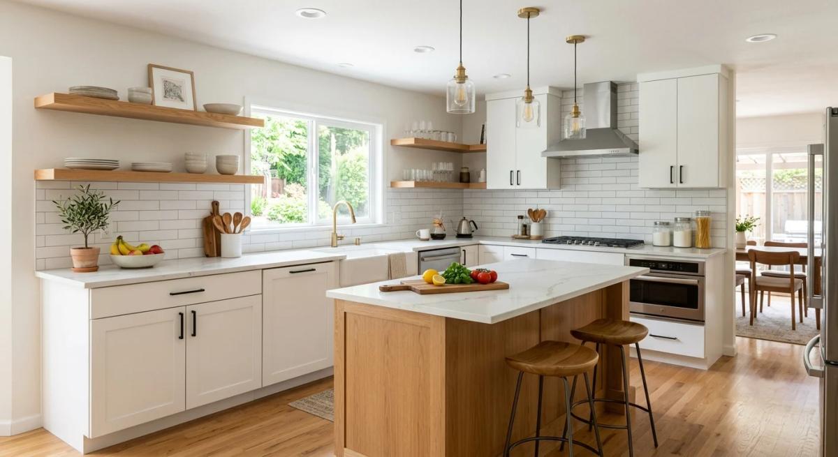 White kitchen cabinets combined with natural wood island and open shelves