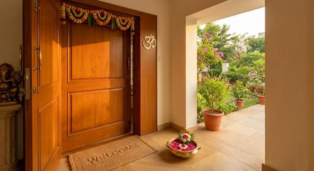 Beautiful Vastu-compliant house entrance with wooden main door, welcome mat, decorative plants, and positive energy-enhancing entrance design.