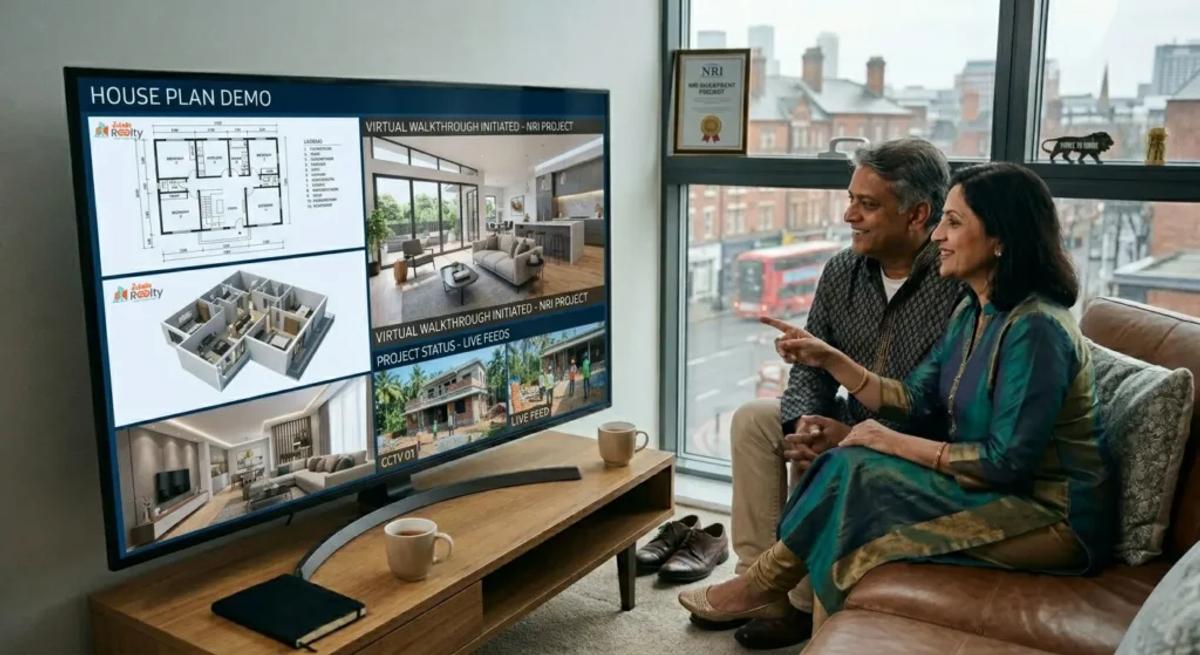 NRI family reviewing floor plans, 3D home visualization, virtual walkthroughs, and live construction updates for a house project in India