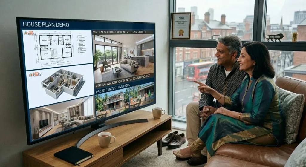 NRI family reviewing floor plans, 3D home visualization, virtual walkthroughs, and live construction updates for a house project in India