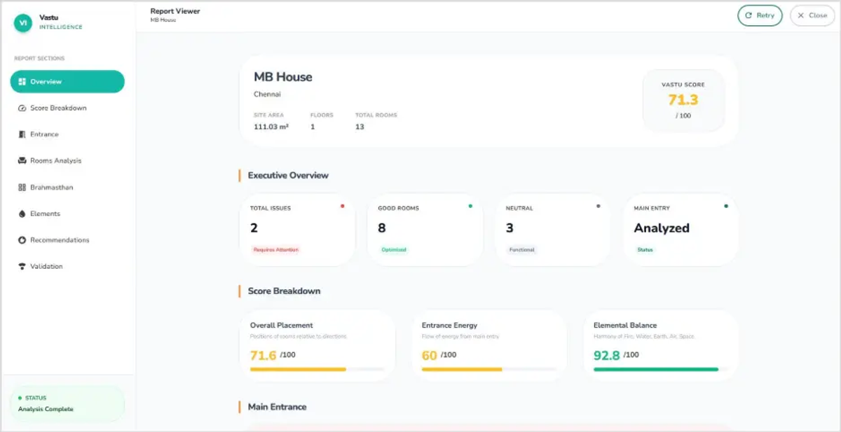 Zlendo Realty Editor 2.3.0 Vastu Intelligence Report for MB House Chennai showing a Vastu score of 71.3 out of 100 with score breakdown for overall placement, entrance energy, and elemental balance