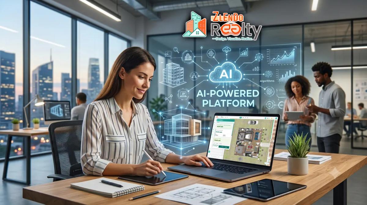 Woman working on a laptop at a desk with a digital AI platform interface overlay and colleagues in the background