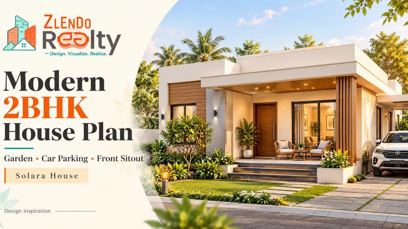 Solara House modern 2BHK home design concept with garden, car parking and front sitout, featuring the Zlendo Realty logo