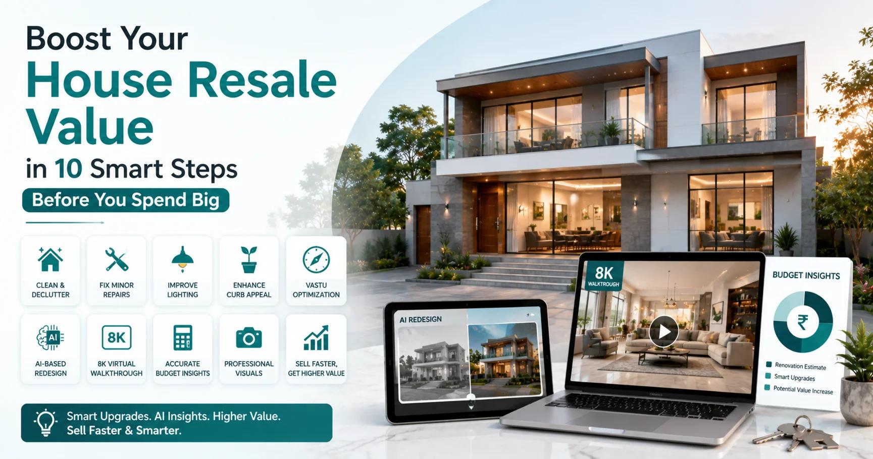 A feature infographic showing how to boost house resale value in 10 smart steps including clean & declutter, fix minor repairs, improve lighting, enhance curb appeal, Vastu optimization, AI-based redesign, 8K virtual walkthrough, accurate budget insights, professional visuals, and sell faster — displayed alongside a modern luxury home exterior, AI redesign tablet, 8K walkthrough laptop, and budget insights chart by Zlendo Realty