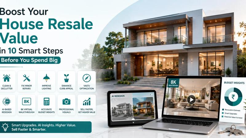 A feature infographic showing how to boost house resale value in 10 smart steps including clean & declutter, fix minor repairs, improve lighting, enhance curb appeal, Vastu optimization, AI-based redesign, 8K virtual walkthrough, accurate budget insights, professional visuals, and sell faster — displayed alongside a modern luxury home exterior, AI redesign tablet, 8K walkthrough laptop, and budget insights chart by Zlendo Realty