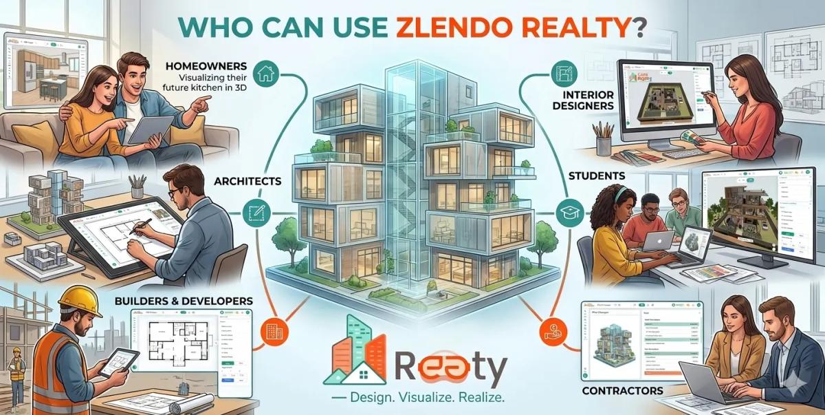 Infographic showing who can use Zlendo Realty, with icons of homeowners, architects, students, and contractors around a building illustration