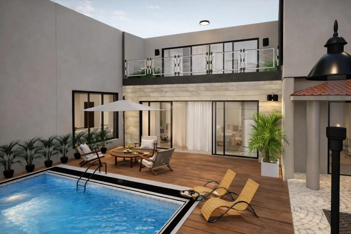 Rooftop swimming pool with wooden deck, lounge seating, string lights, and a modern house facade in the background.