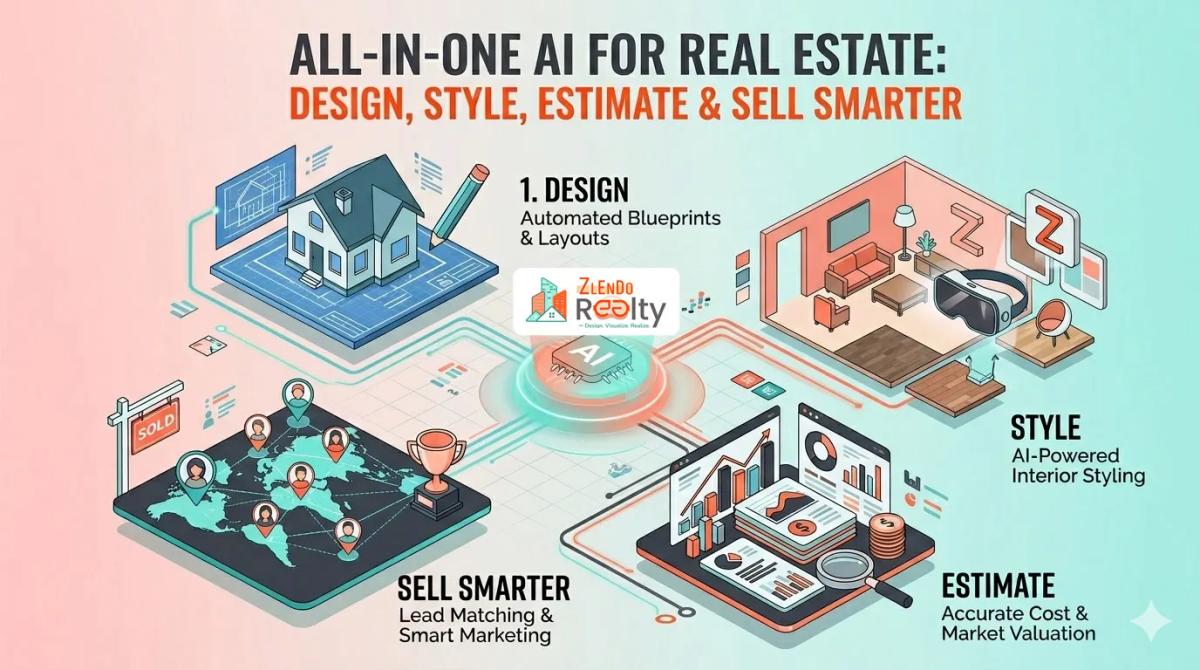 AI in real estate platform illustrating automated home design, AI interior styling, cost estimation, and smart property marketing for modern real estate professionals.