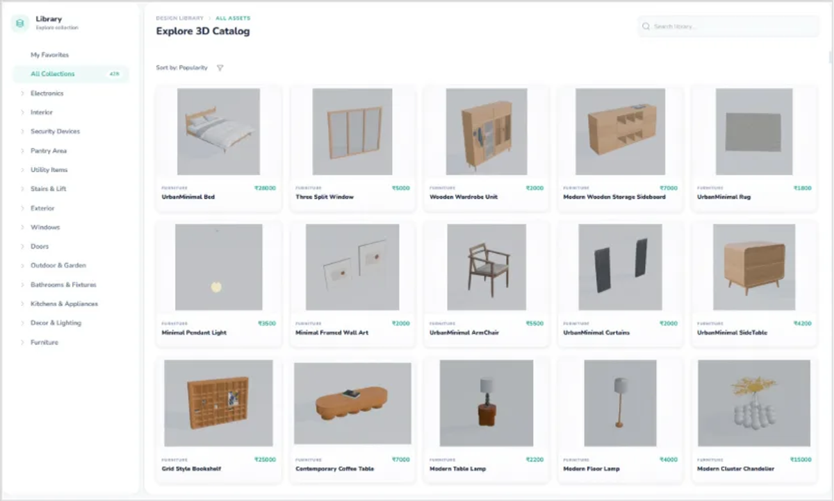 3D design library catalog with furniture assets including beds, wardrobes, lighting, and décor for interior design software