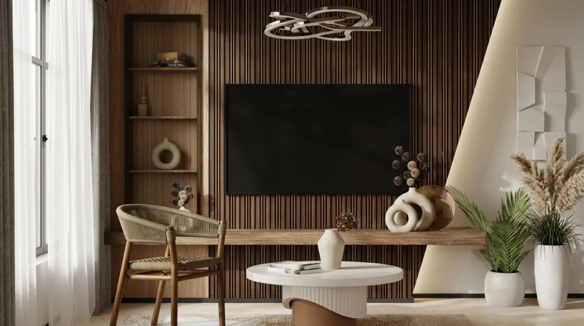 Wooden slat and louvered panels bring warmth and a sophisticated architectural feel to the living room. 