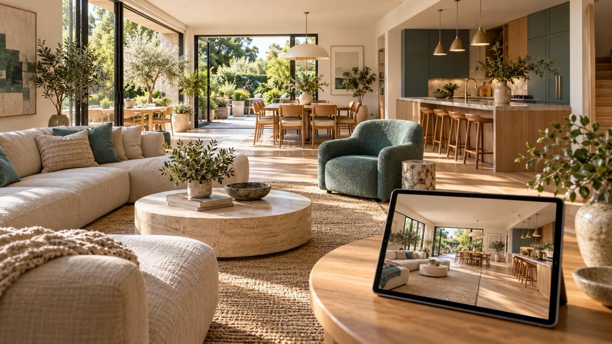 Modern living and dining space with a tablet showing another room viewpoint