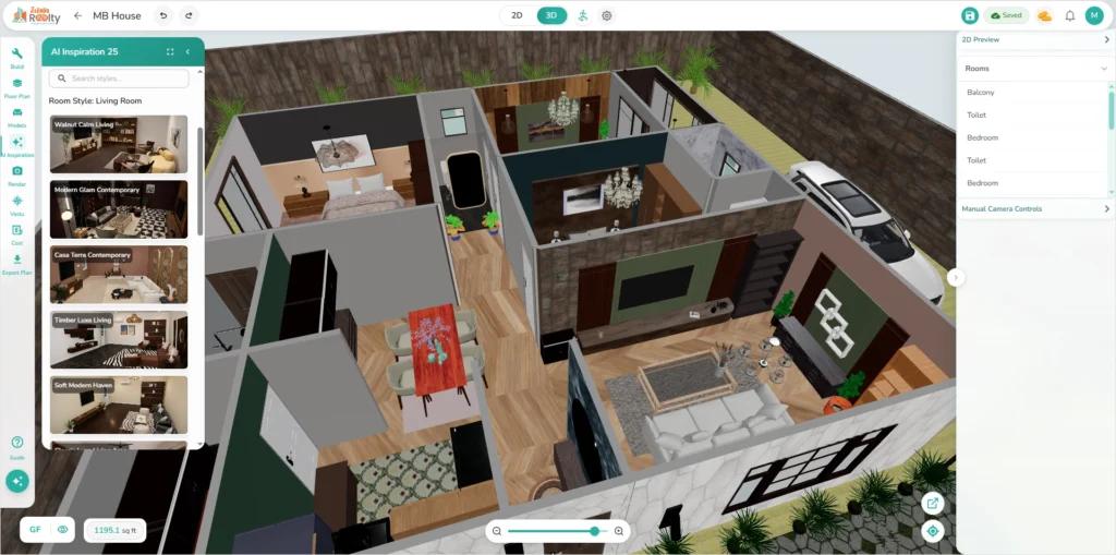 AI house design tool showing 3D floor plan with room style inspirations in Zlendo Realty
