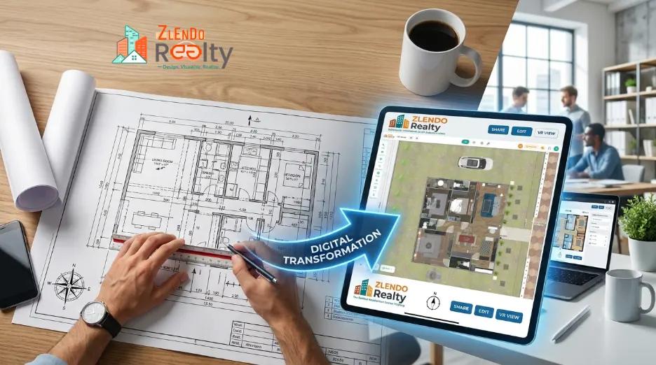 Architect converting a house blueprint into a digital floor plan using Zlendo Realty AI-powered home design and floor plan conversion platform.