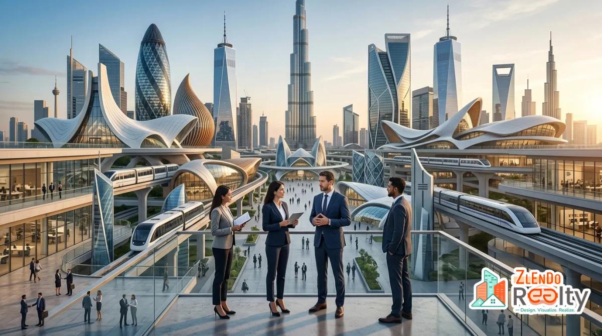 Architects and design professionals collaborating in a futuristic smart city showcasing global architecture career opportunities and modern urban development