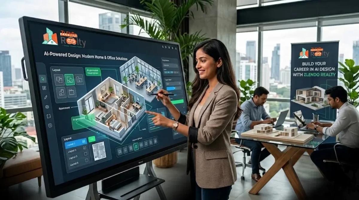 Professional presenting AI house design and modern office solutions on Zlendo Realty dashboard