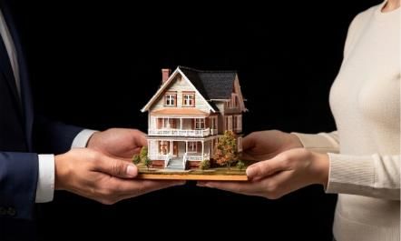 hand holding house model showing hyper realistic 8k walkthroughs