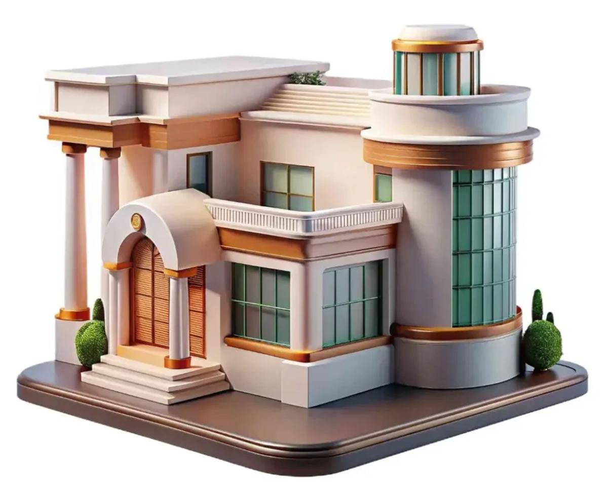A 3D rendered model of a modern residential building featuring a cream and white facade with copper and gold accents, a cylindrical glass tower on the right, classical columns flanking an arched entrance, a second-floor balcony, large windows, and neatly trimmed topiary shrubs, displayed on a dark rounded base against a white background.
