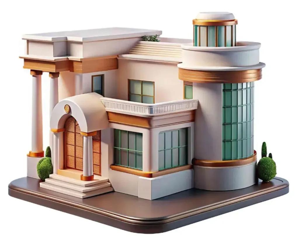 A 3D rendered model of a modern residential building featuring a cream and white facade with copper and gold accents, a cylindrical glass tower on the right, classical columns flanking an arched entrance, a second-floor balcony, large windows, and neatly trimmed topiary shrubs, displayed on a dark rounded base against a white background.