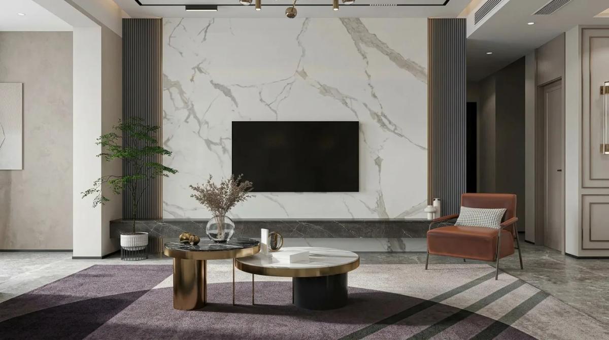 Stone and marble-inspired finishes can give a TV wall a luxurious appearance. 