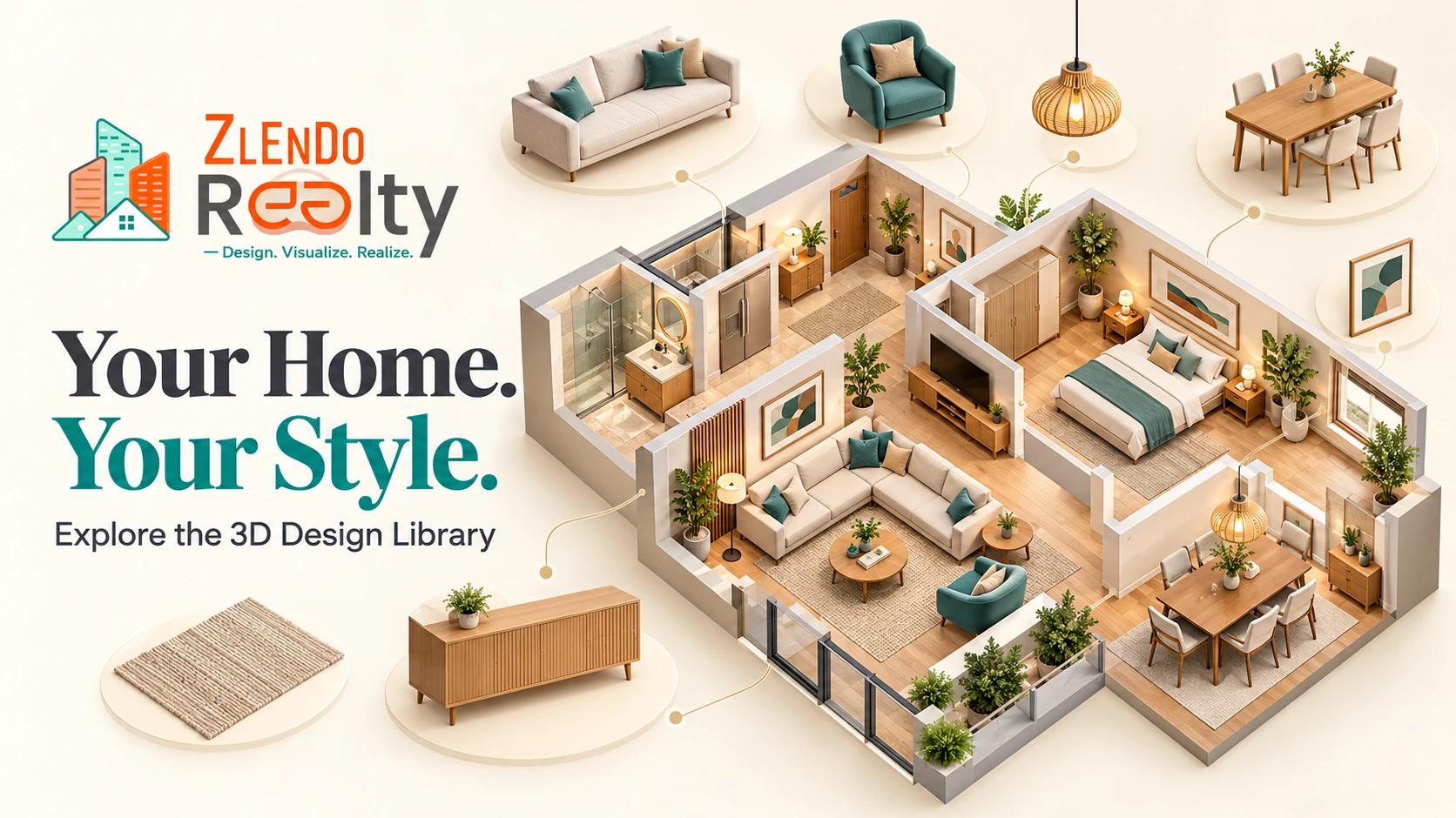 Zlendo Realty Design Library illustration showing furniture and décor assets around a furnished 3D home