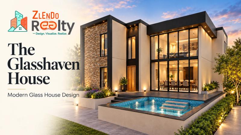 Glasshaven-inspired modern glass house with swimming pool and Zlendo Realty logo