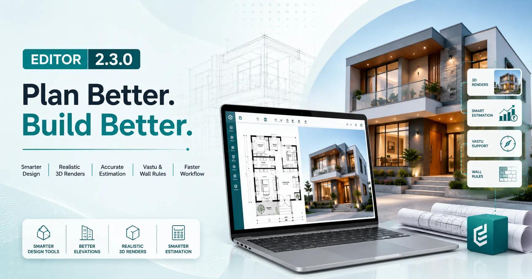 Zlendo Realty Editor 2.3.0 advanced upgrade overview featuring 2D to 3D plan converter, smart design AI selection, Vastu rules, budgeting estimation models, and better elevations