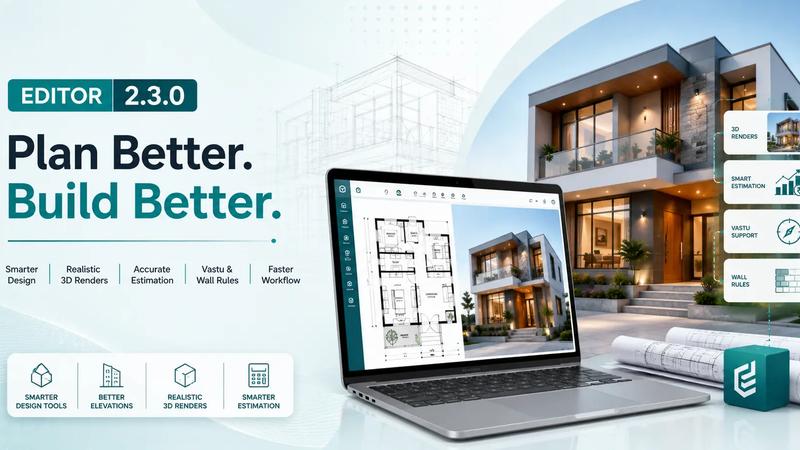 Zlendo Realty Editor 2.3.0 advanced upgrade overview featuring 2D to 3D plan converter, smart design AI selection, Vastu rules, budgeting estimation models, and better elevations