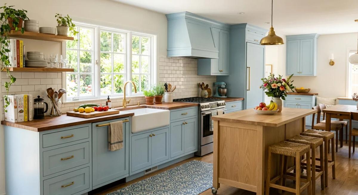 Light blue kitchen cabinets with white countertops and a wooden dining table