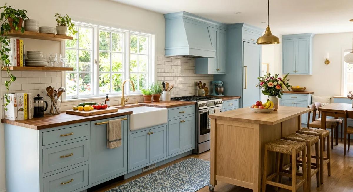 Light blue kitchen cabinets with white countertops and a wooden dining table
