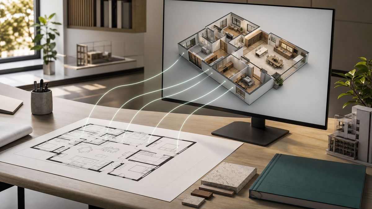 A paper residential floor plan beside a monitor displaying a precise isometric 3D architectural model in a modern studio.
