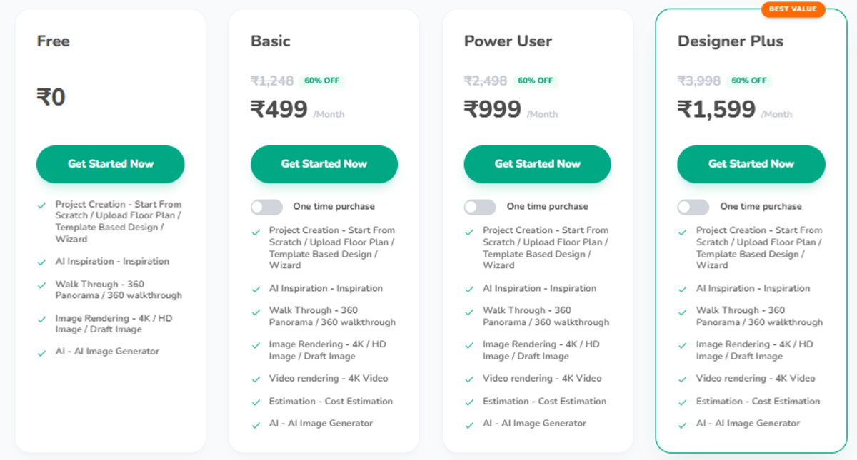 Zlendo Realty flat 60% OFF pricing plans – Free, Basic ₹499, Power User ₹999, Designer Plus ₹1599 per month
