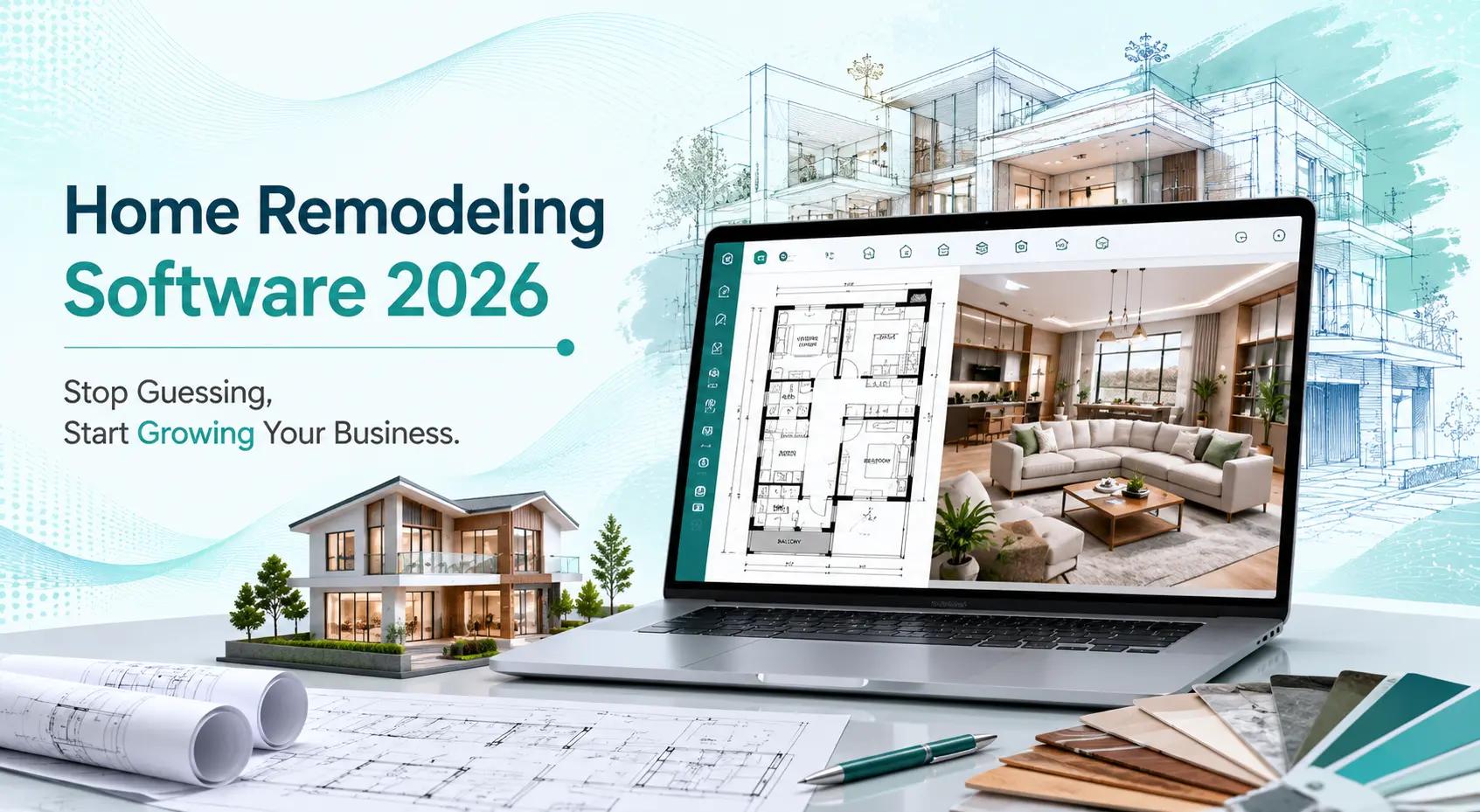 Home remodeling software 2026 showing 2D floor plan and 3D living room design on laptop