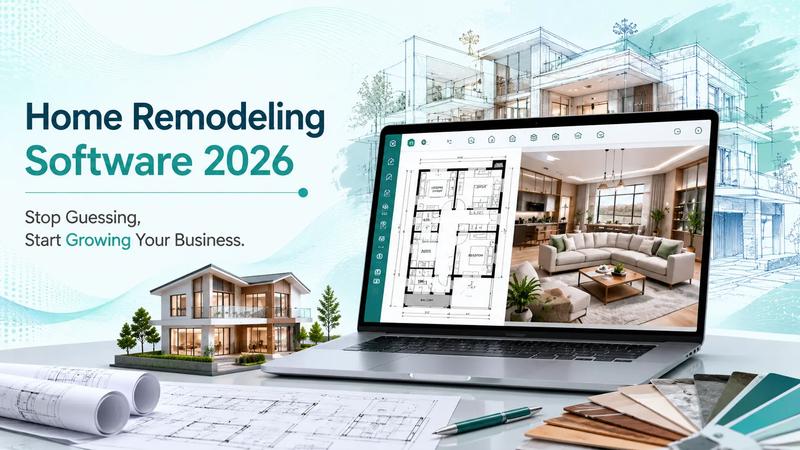 Home remodeling software 2026 showing 2D floor plan and 3D living room design on laptop