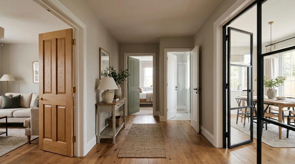 Interior hallway with a wooden door, glass sliding door, and white paneled door leading to different rooms