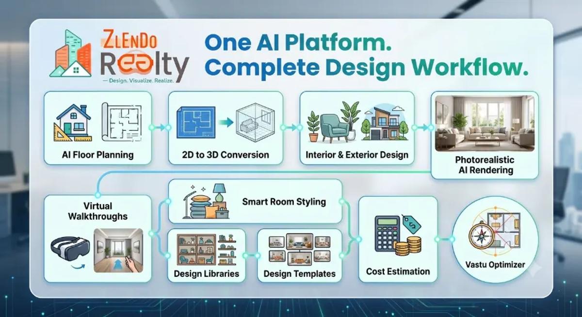 Zlendo Realty AI home design workflow showing AI floor planning, 2D to 3D conversion, interior design, AI rendering, virtual walkthrough, cost estimation, and Vastu optimization.