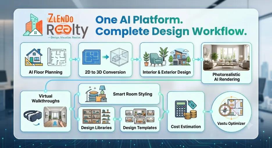 Zlendo Realty AI home design workflow showing AI floor planning, 2D to 3D conversion, interior design, AI rendering, virtual walkthrough, cost estimation, and Vastu optimization.