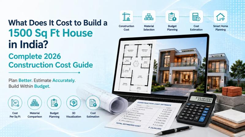 1500 sq ft house construction cost in India with cost estimation, material comparison, budget planning, and 3D home visualization guide for 2026